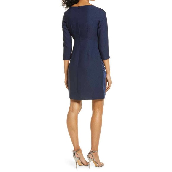 Eliza J Navy Blue Gathered Cocktail Sheath Dress, 3/4 Sleeve Women's Size 8 - Picture 2 of 5